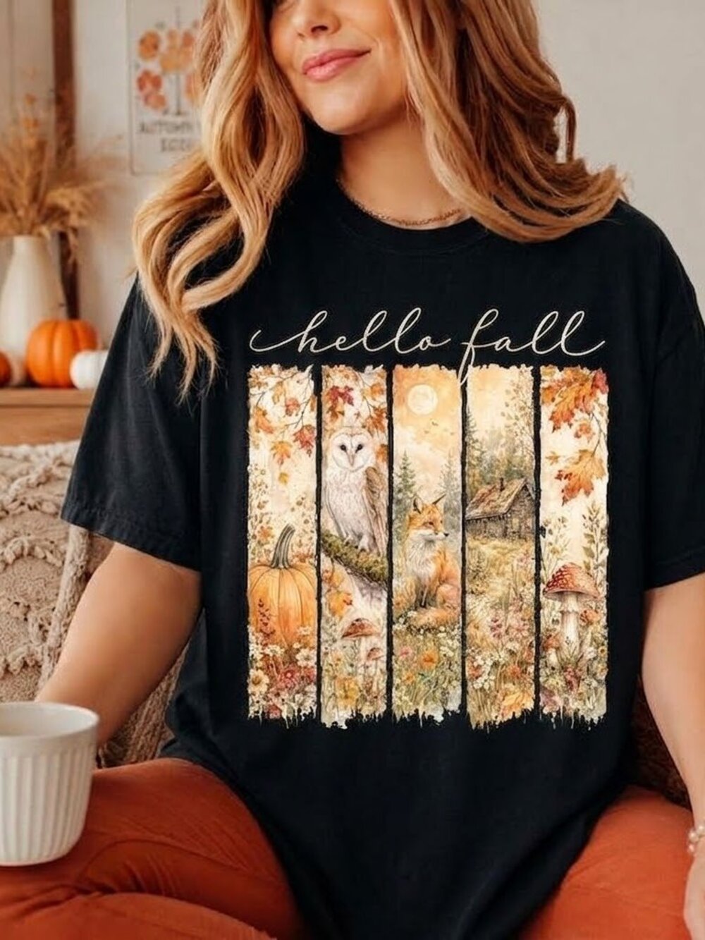 Hello Fall Autumn Cottagecore Pumpkin Fox Owl Nature Graphic Tee